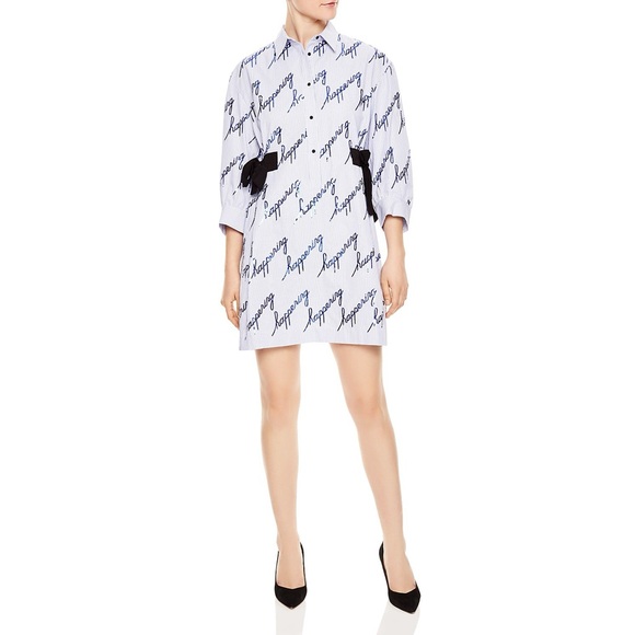 Sandro Dresses & Skirts - Sandro Bleu Ciel Mini Shirt Dress Pinstripes Sequins Blue White